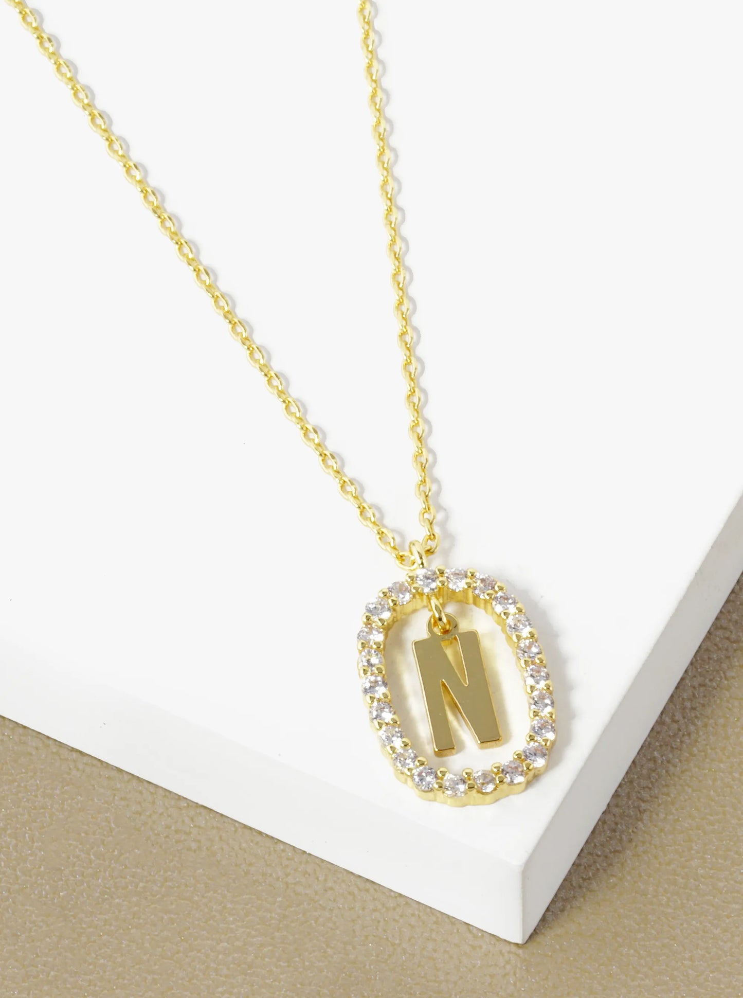 18K Gold Dipped Pave Set Cubic Zirconia Oval In Initial Drop Pendant Necklace