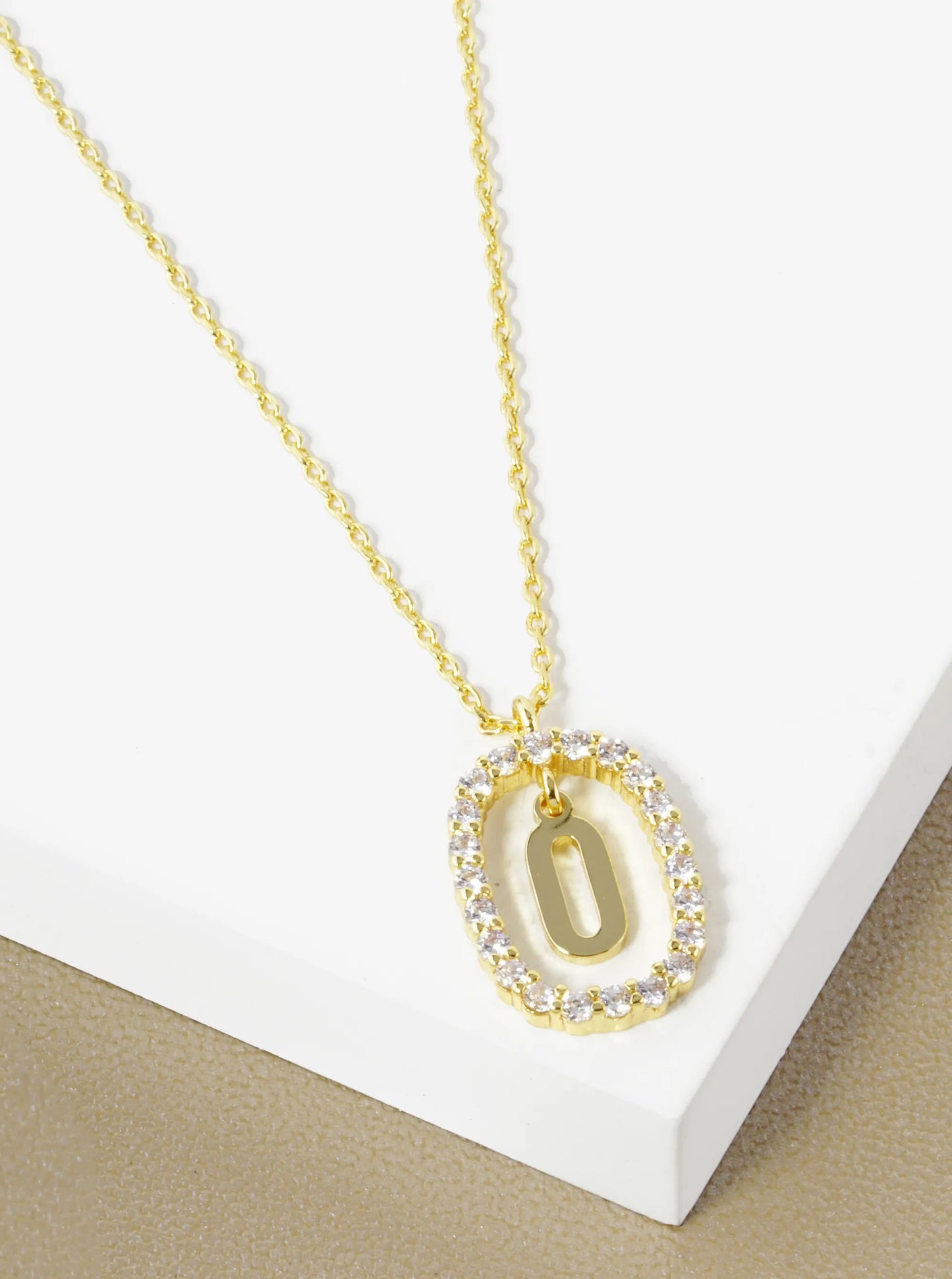 18K Gold Dipped Pave Set Cubic Zirconia Oval In Initial Drop Pendant Necklace