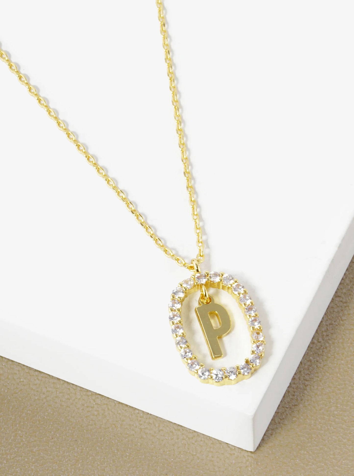 18K Gold Dipped Pave Set Cubic Zirconia Oval In Initial Drop Pendant Necklace