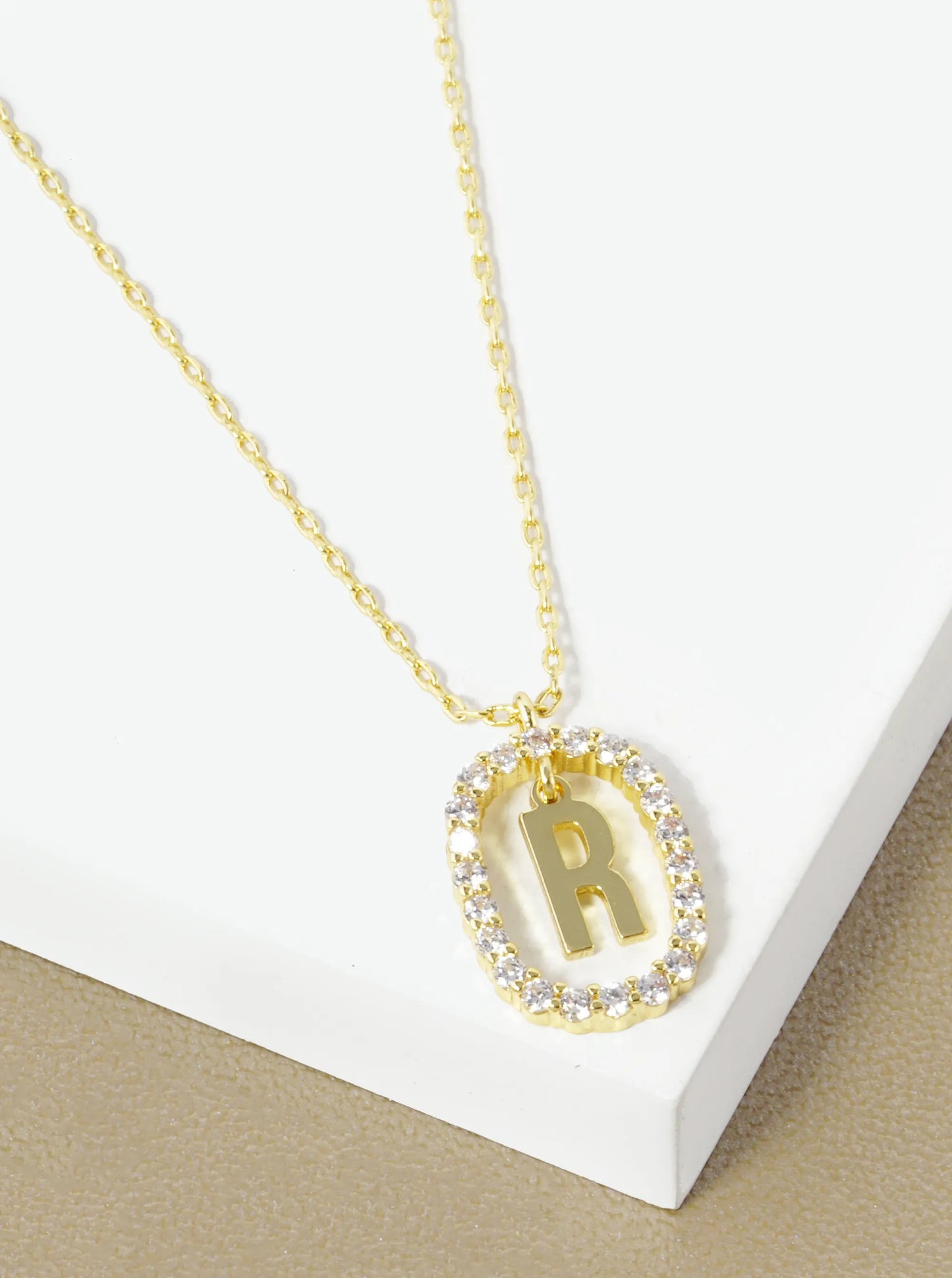 18K Gold Dipped Pave Set Cubic Zirconia Oval In Initial Drop Pendant Necklace