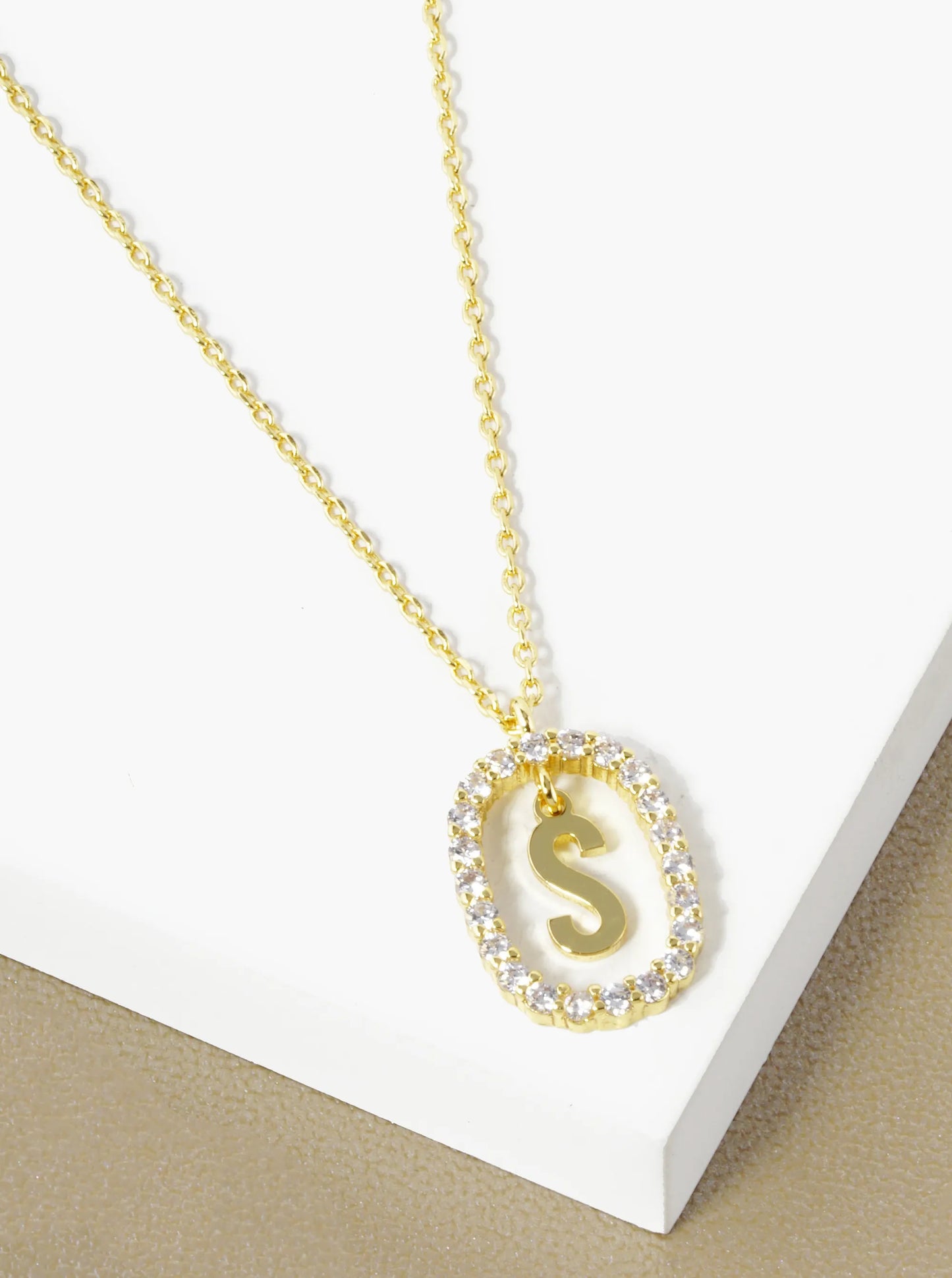 18K Gold Dipped Pave Set Cubic Zirconia Oval In Initial Drop Pendant Necklace