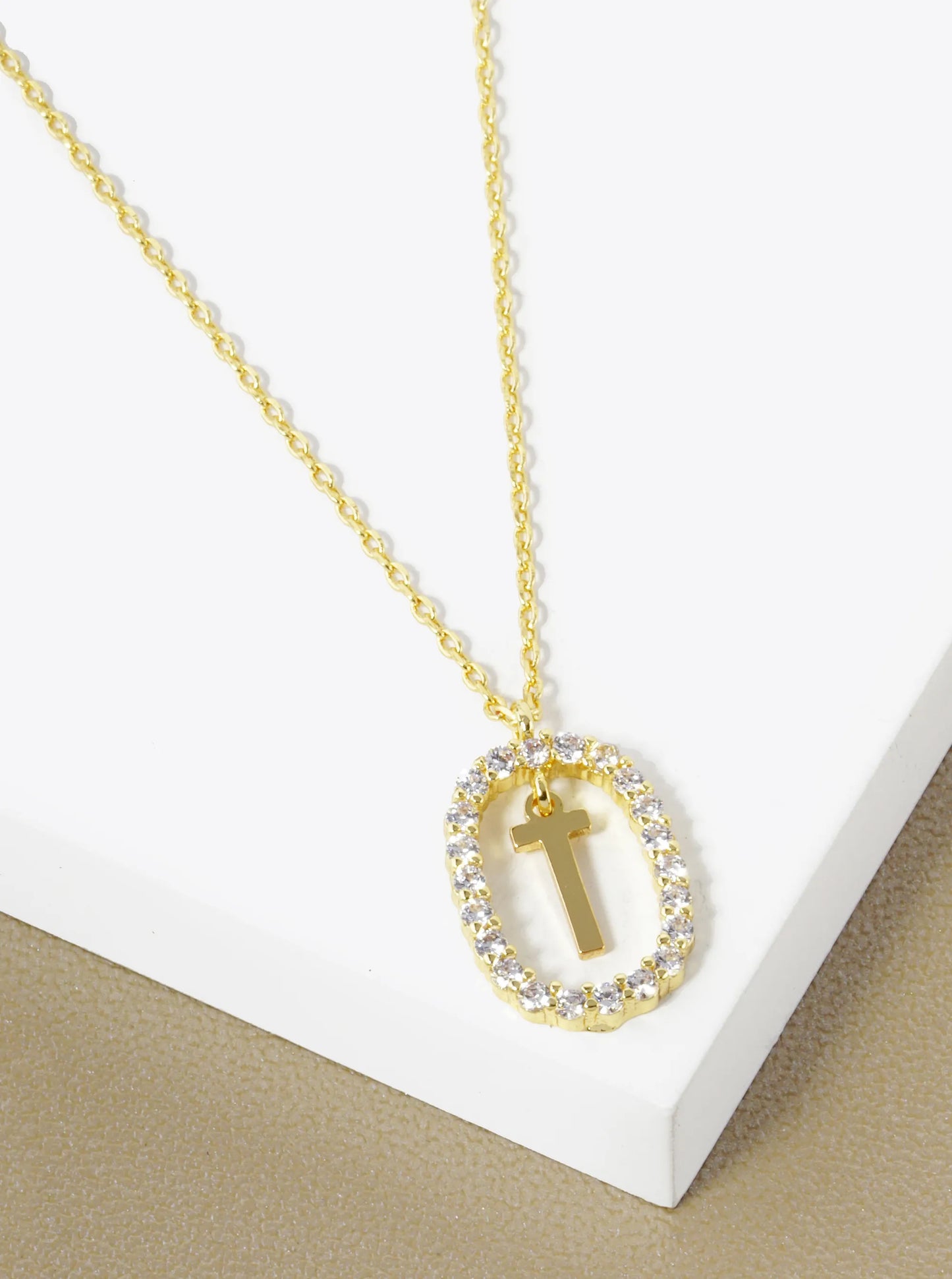 18K Gold Dipped Pave Set Cubic Zirconia Oval In Initial Drop Pendant Necklace