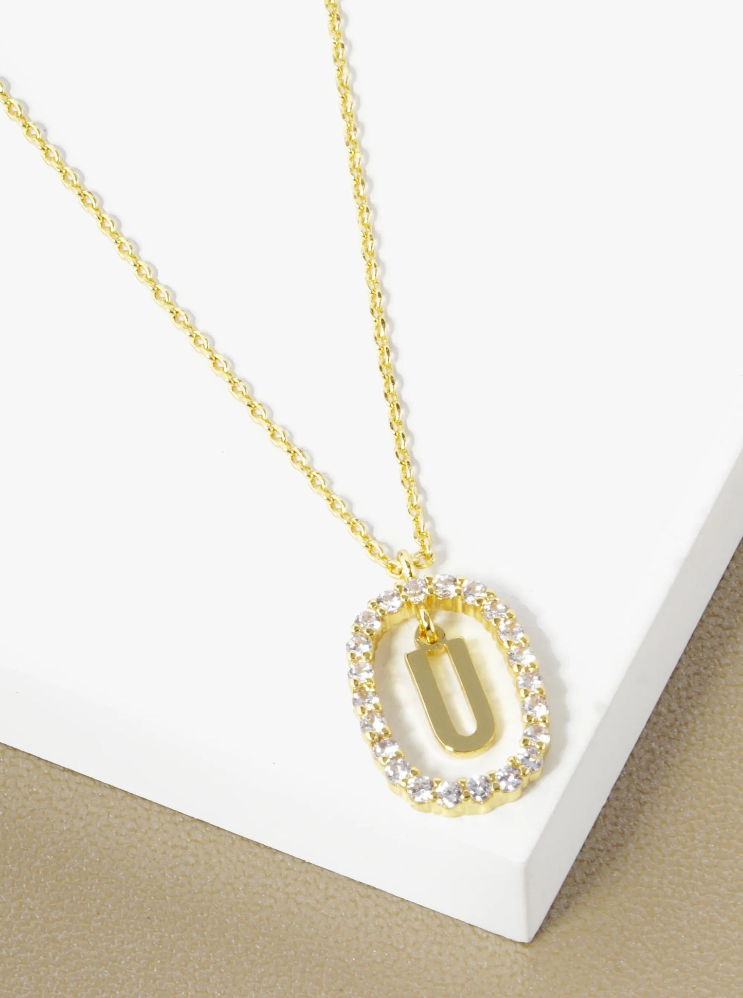 18K Gold Dipped Pave Set Cubic Zirconia Oval In Initial Drop Pendant Necklace