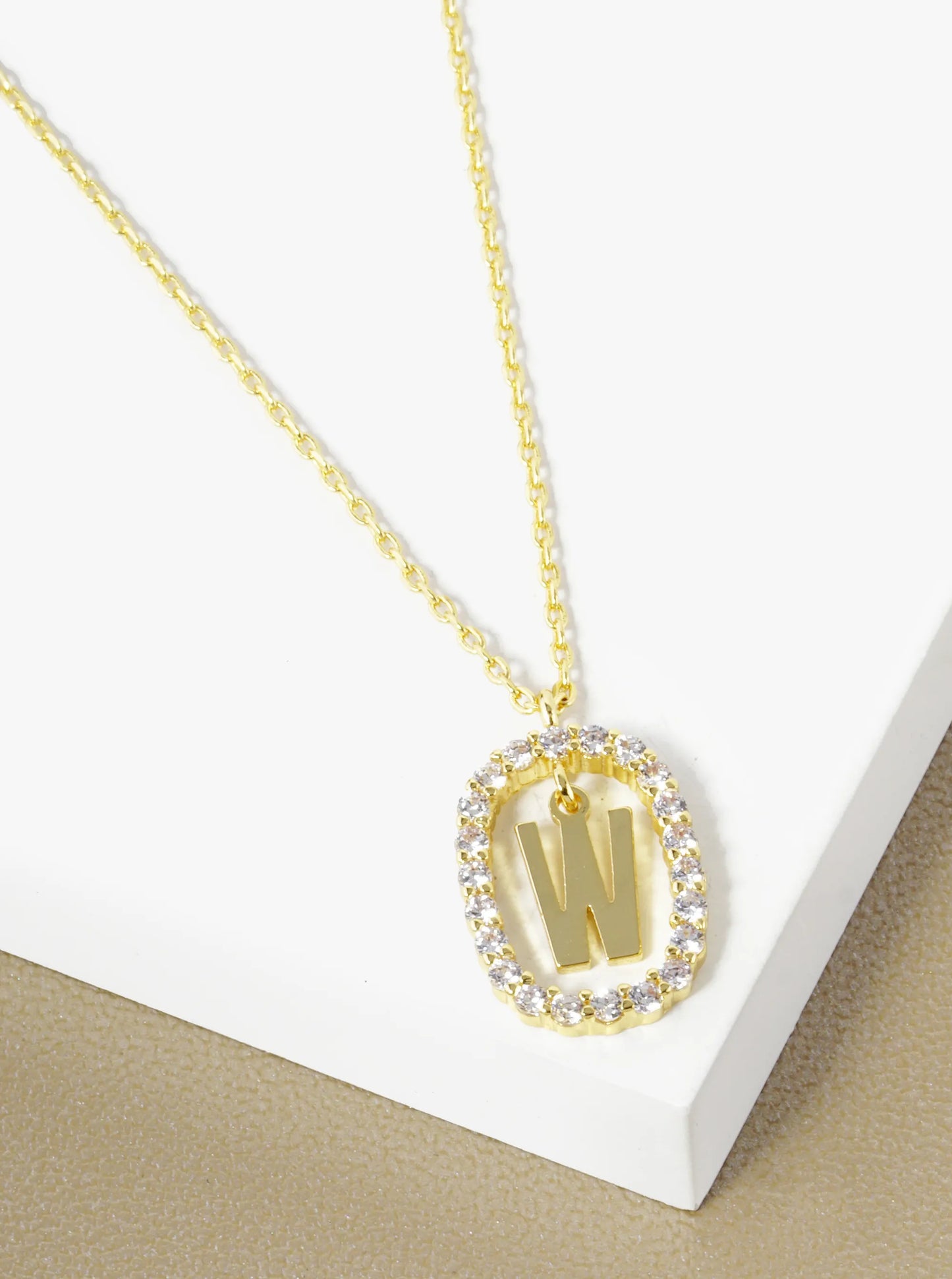 18K Gold Dipped Pave Set Cubic Zirconia Oval In Initial Drop Pendant Necklace