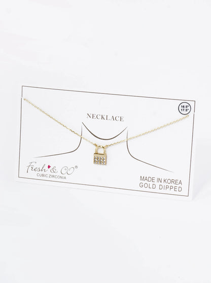 18K Gold Dipped Pave Set Cubic Zirconia Padlock Pendant Necklace