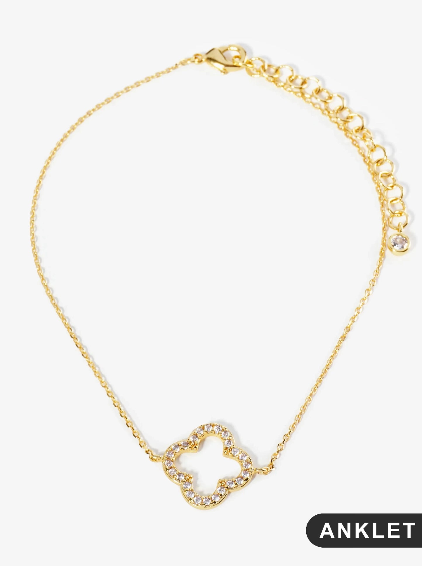 18K Gold Dipped Pave Set Cubic Zirconia Quatrefoil Chain Anklet