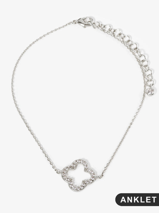 18K Gold Dipped Pave Set Cubic Zirconia Quatrefoil Chain Anklet