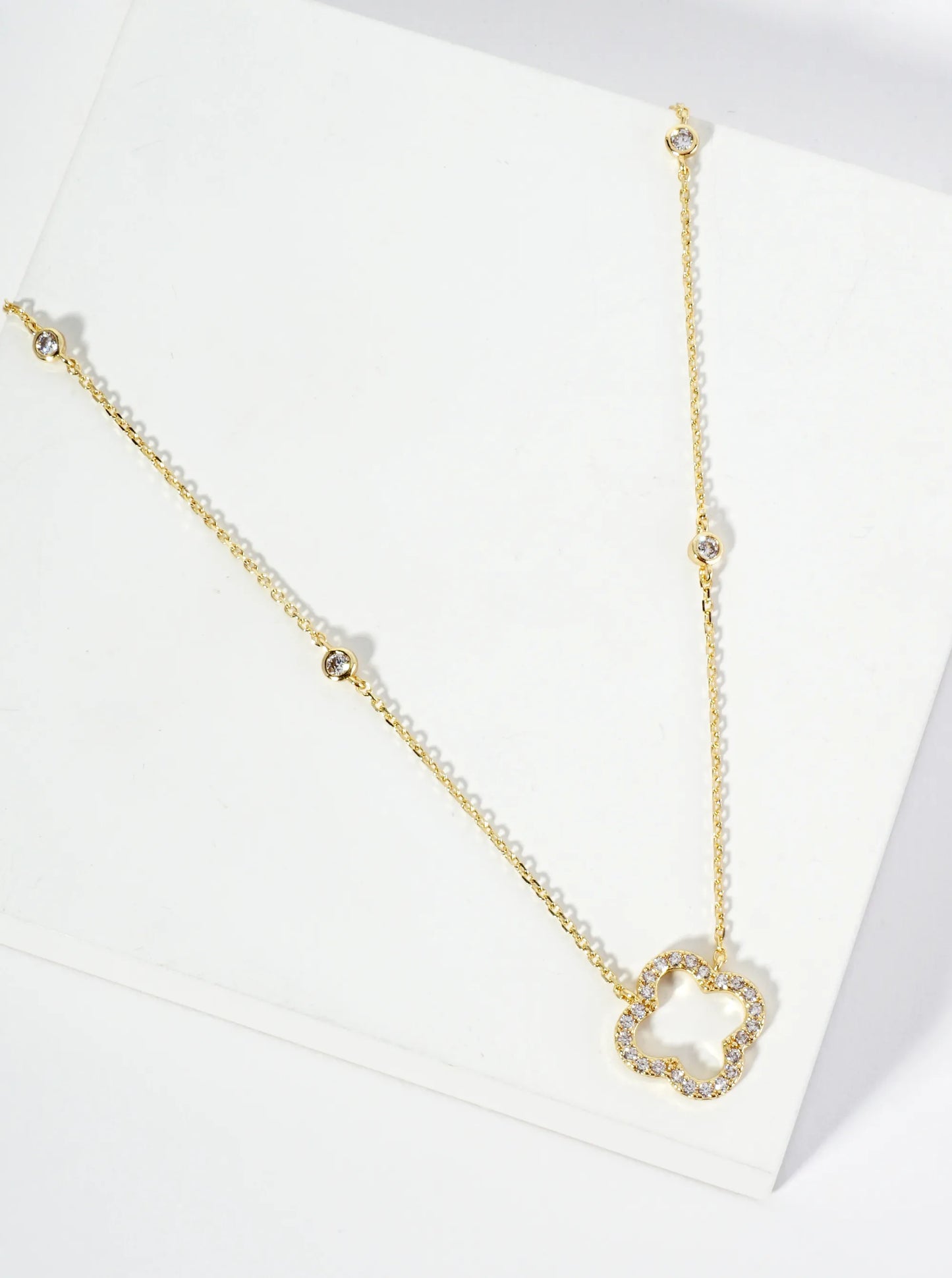 18K Gold Dipped Pave Set Cubic Zirconia Quatrefoil Cutout Pendant Necklace