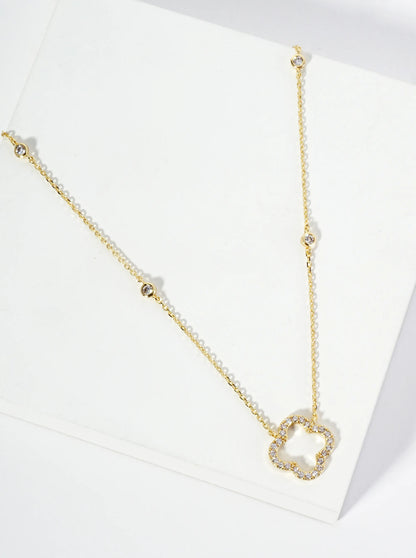 18K Gold Dipped Pave Set Cubic Zirconia Quatrefoil Cutout Pendant Necklace