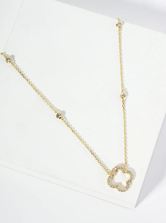 18K Gold Dipped Pave Set Cubic Zirconia Quatrefoil Cutout Pendant Necklace