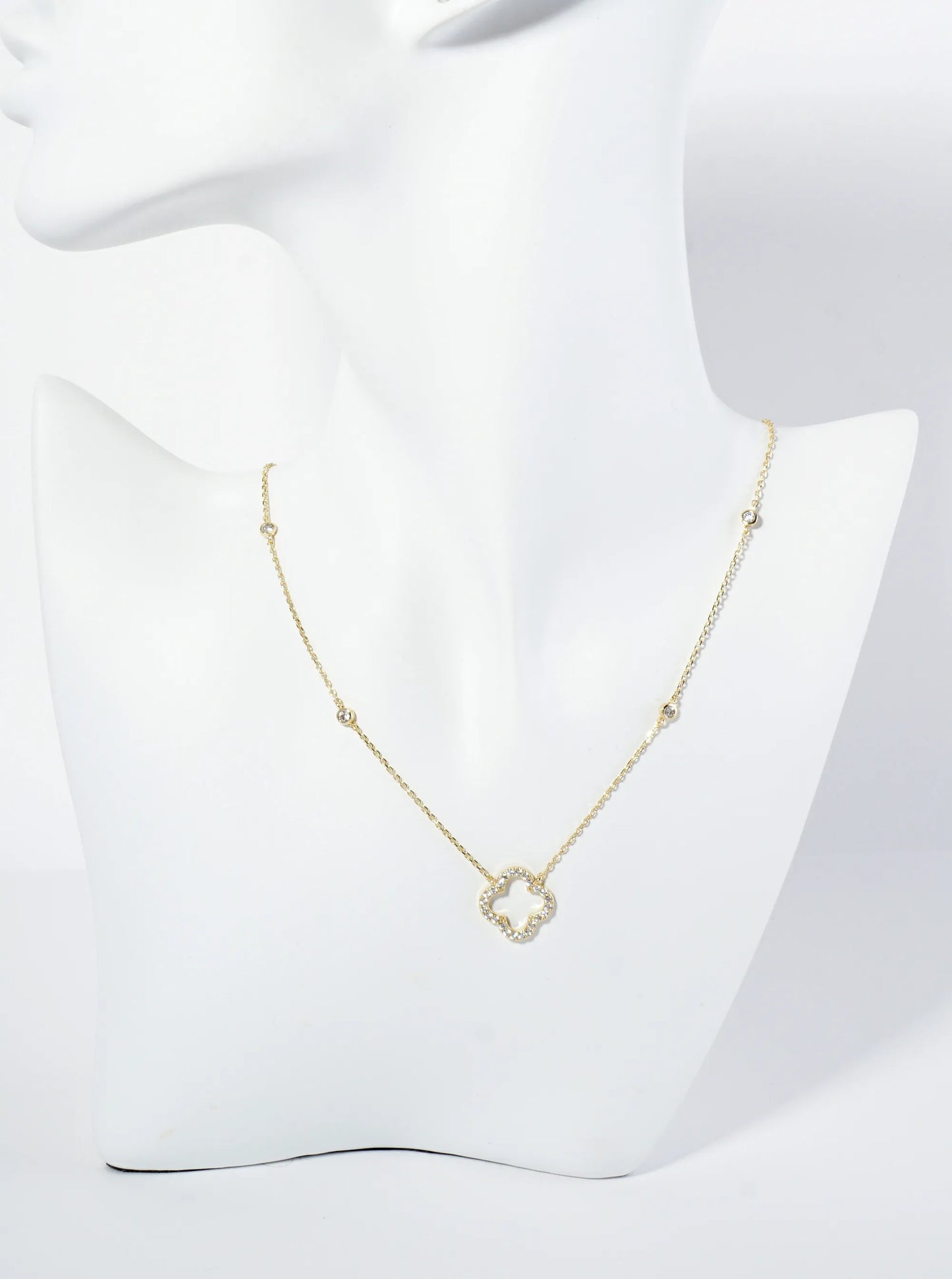 18K Gold Dipped Pave Set Cubic Zirconia Quatrefoil Cutout Pendant Necklace