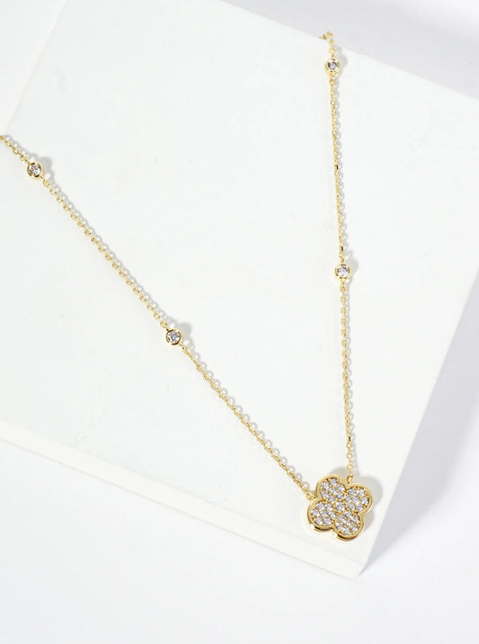 18K Gold Dipped Pave Set Cubic Zirconia Quatrefoil Pendant Necklace