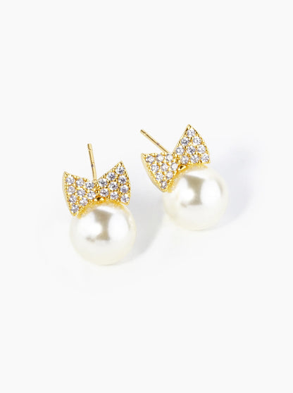 18K Gold Dipped Pave Set Cubic Zirconia Ribbon Bow With 10mm Pearl Stud Earrings