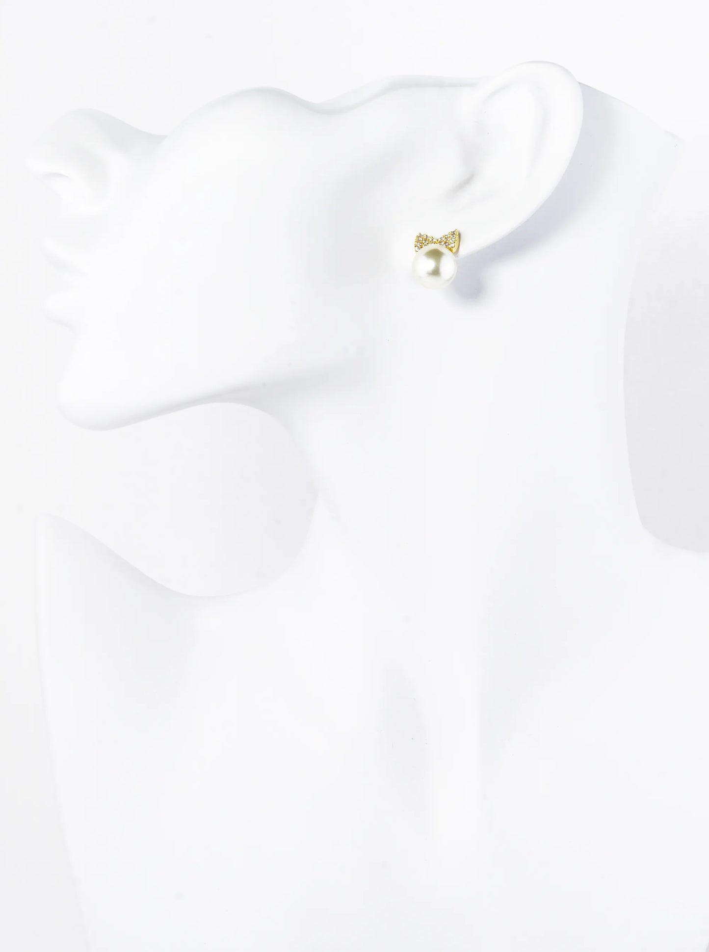 18K Gold Dipped Pave Set Cubic Zirconia Ribbon Bow With 10mm Pearl Stud Earrings