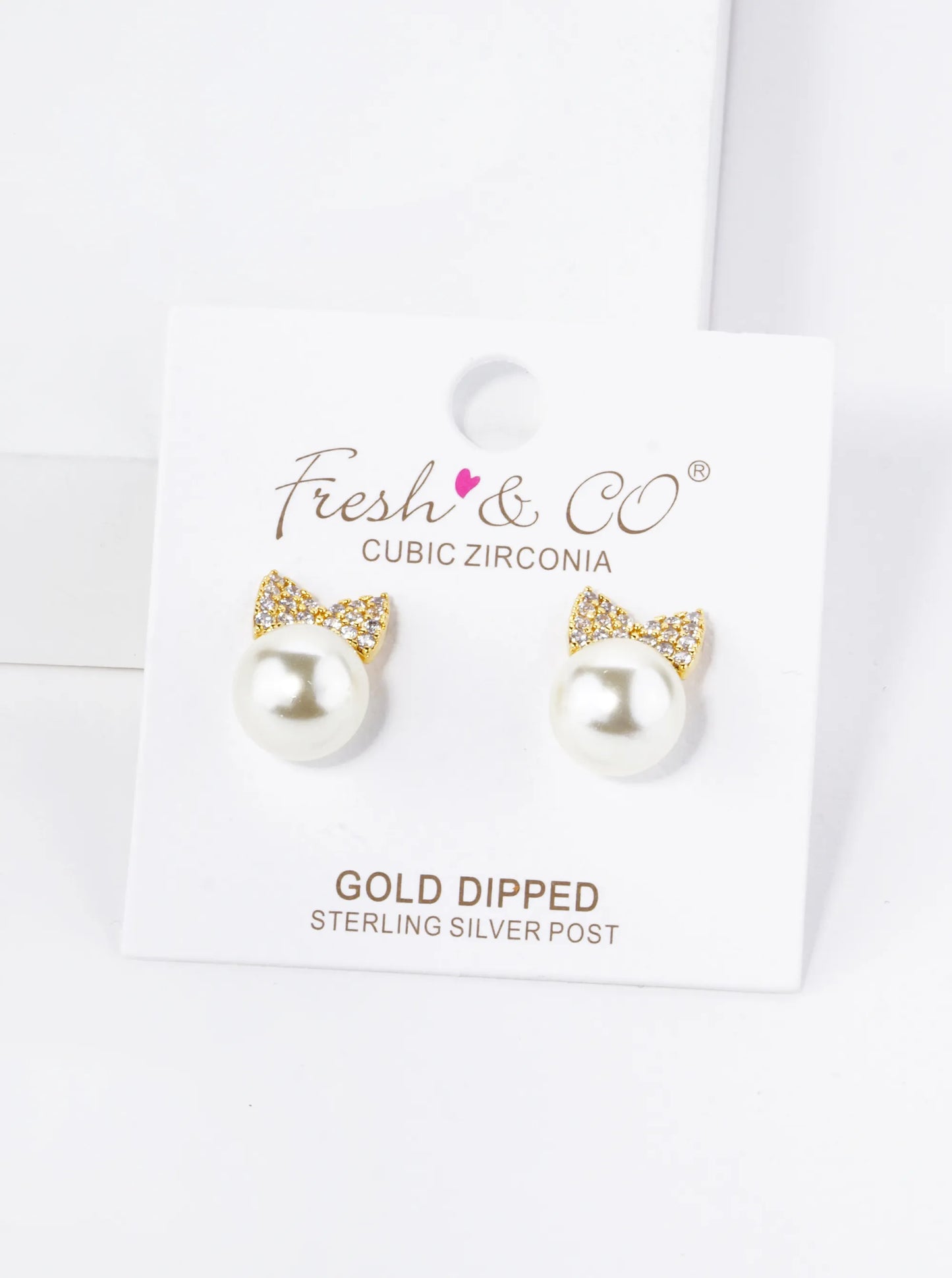 18K Gold Dipped Pave Set Cubic Zirconia Ribbon Bow With 10mm Pearl Stud Earrings