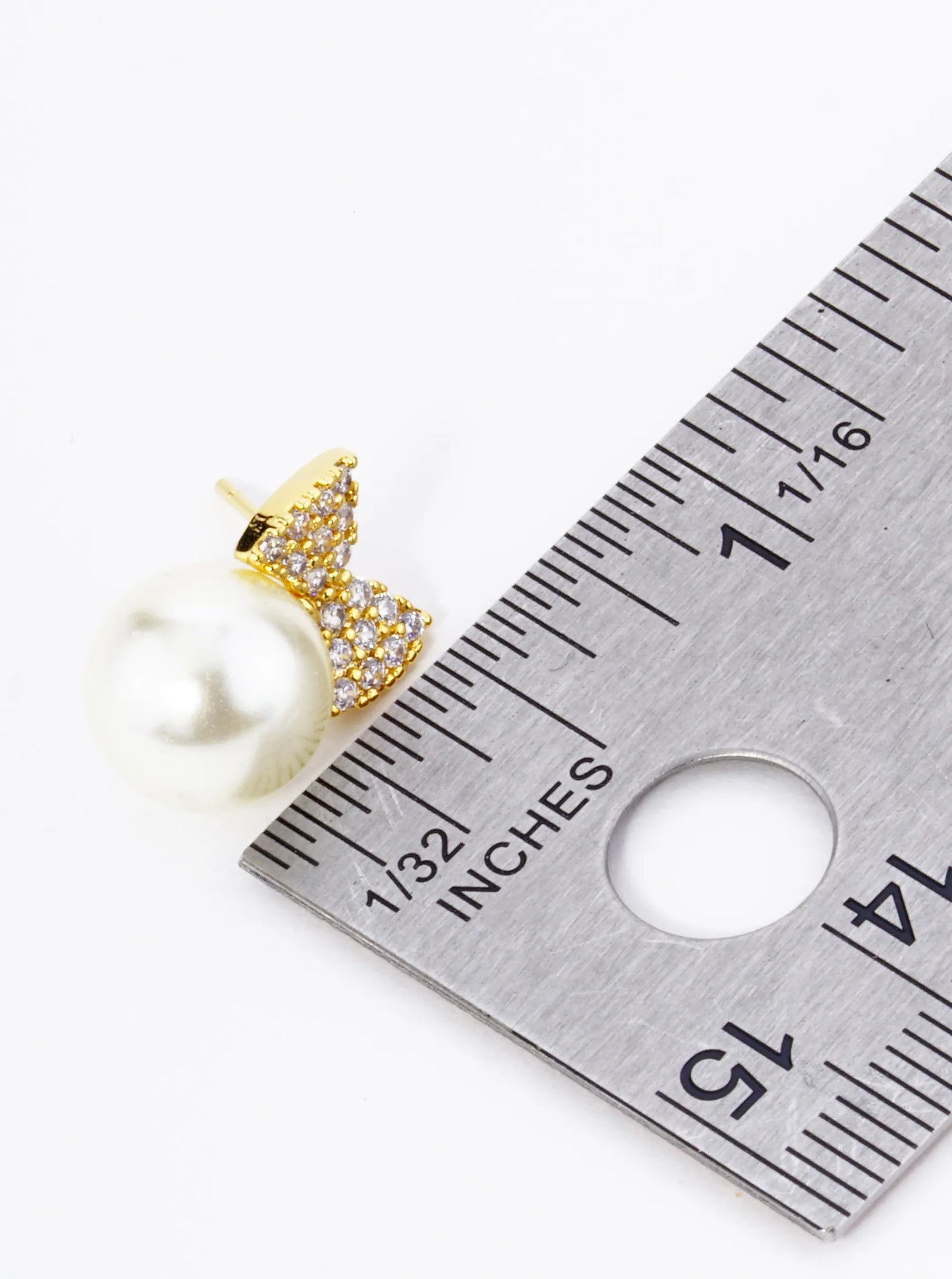 18K Gold Dipped Pave Set Cubic Zirconia Ribbon Bow With 10mm Pearl Stud Earrings