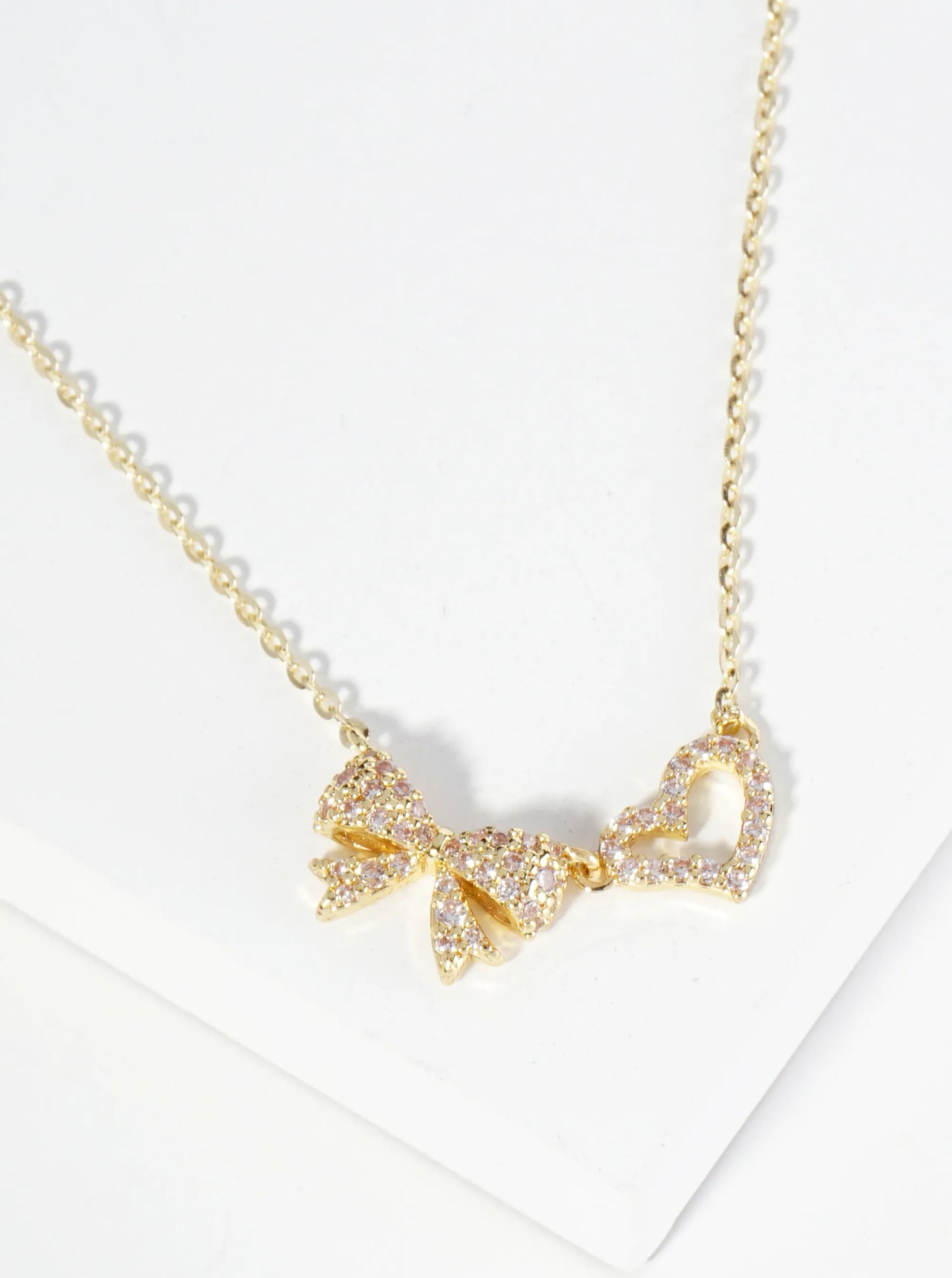 18K Gold Dipped Pave Set Cubic Zirconia Ribbon Heart Pendant Necklace