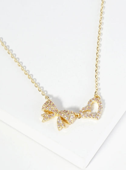 18K Gold Dipped Pave Set Cubic Zirconia Ribbon Heart Pendant Necklace