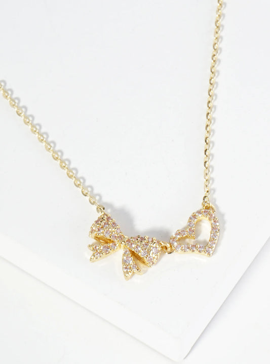 18K Gold Dipped Pave Set Cubic Zirconia Ribbon Heart Pendant Necklace