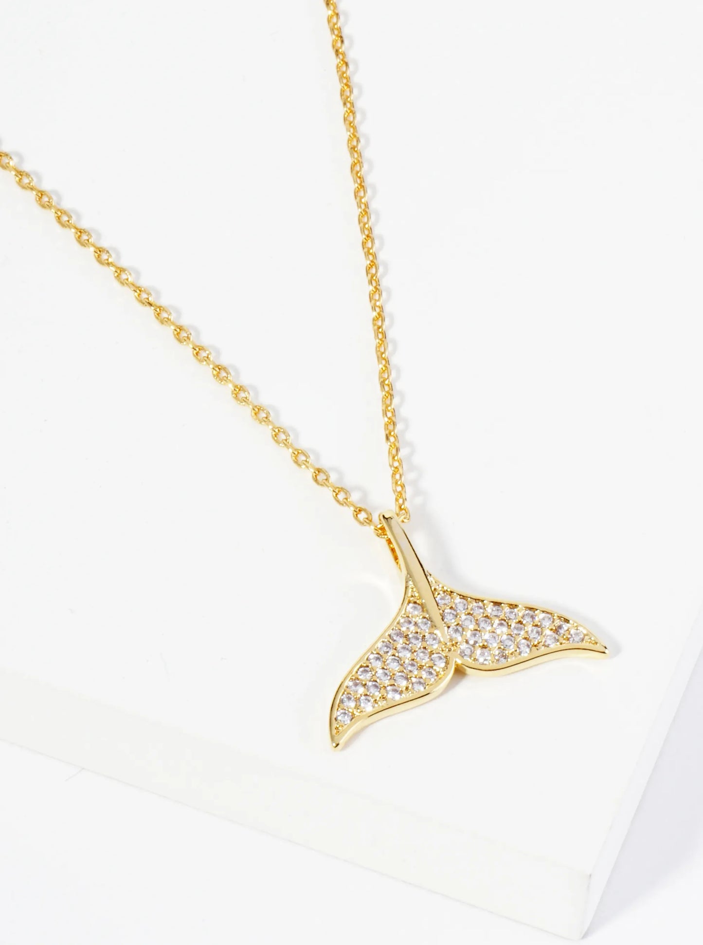 18K Gold Dipped Pave Set Cubic Zirconia Whale Tail Pendant Necklace