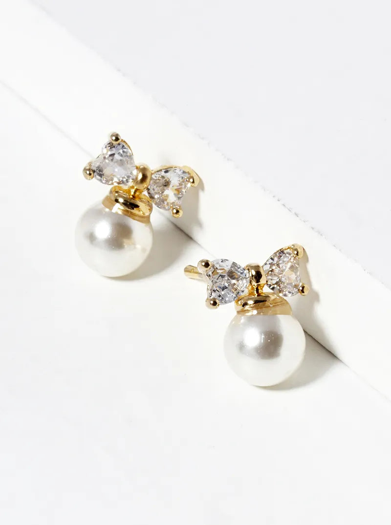 18K Gold Dipped Pearl Bead Drop CZ Ribbon Bow Post Stud Earrings