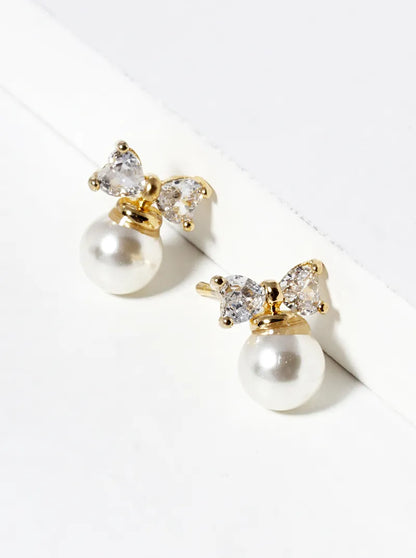 18K Gold Dipped Pearl Bead Drop CZ Ribbon Bow Post Stud Earrings