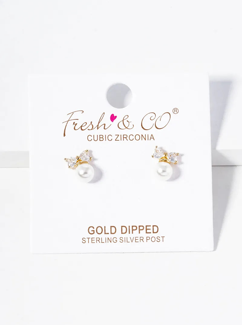18K Gold Dipped Pearl Bead Drop CZ Ribbon Bow Post Stud Earrings