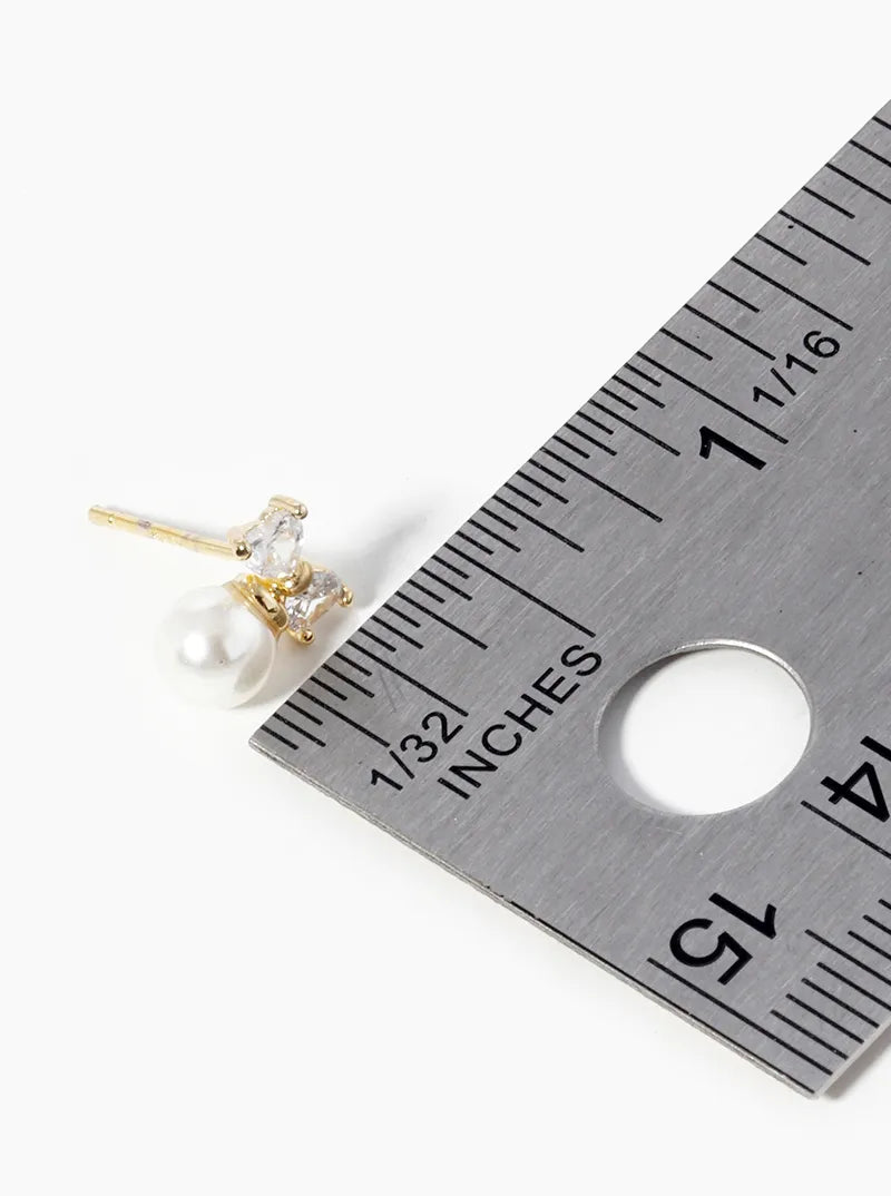 18K Gold Dipped Pearl Bead Drop CZ Ribbon Bow Post Stud Earrings
