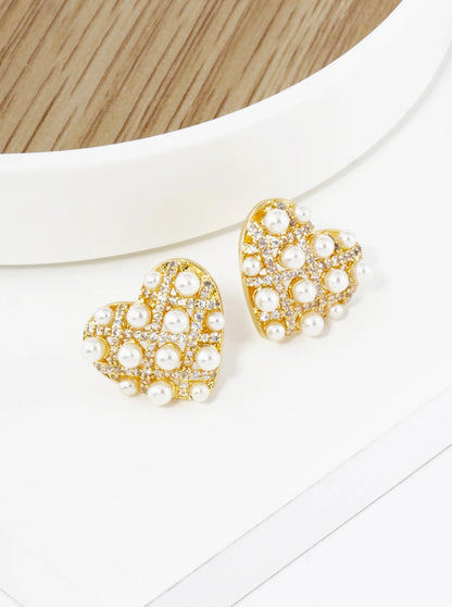 18K Gold Dipped Pearl Beaded Cubic Zirconia Heart Stud Earrings