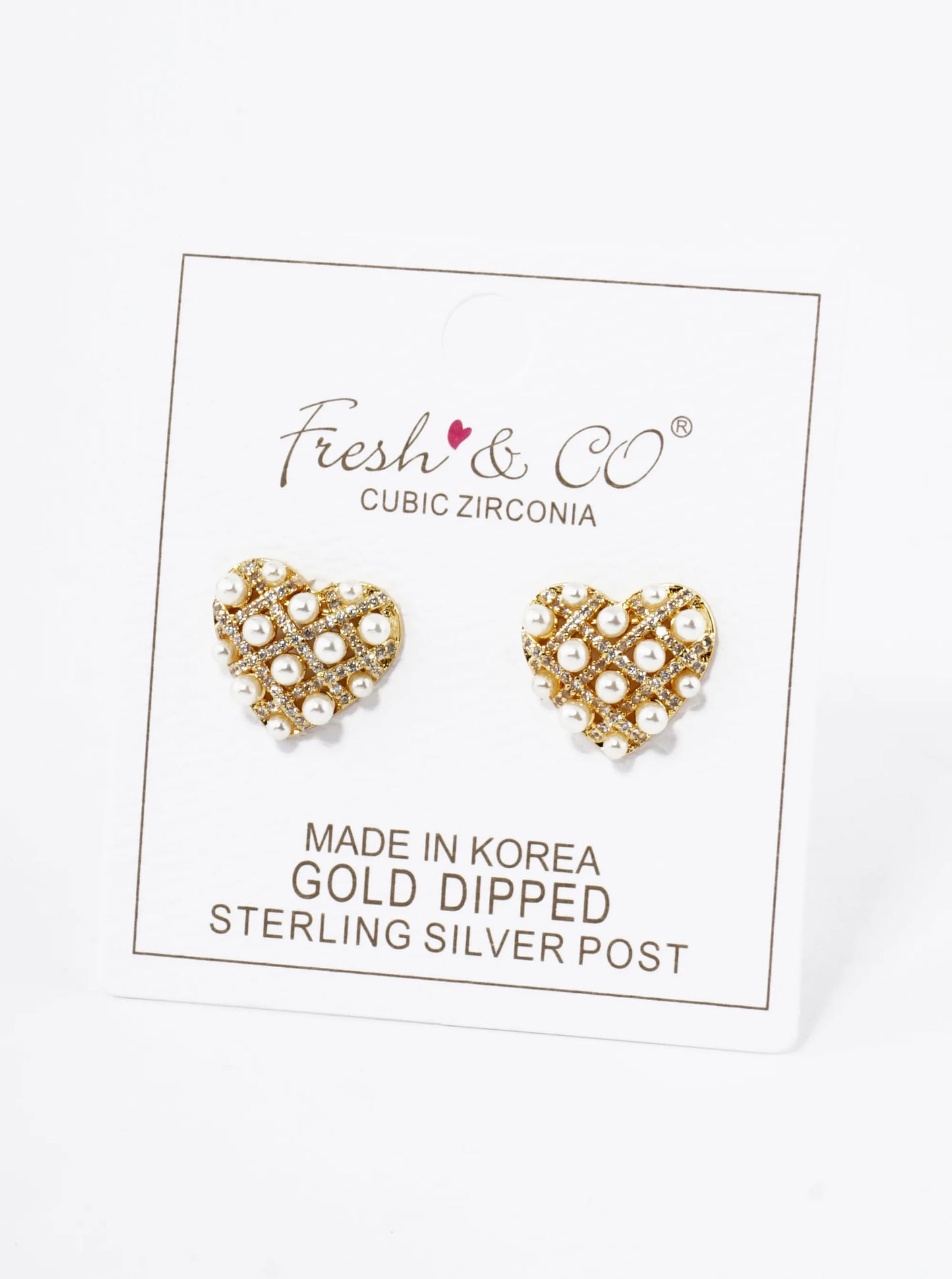 18K Gold Dipped Pearl Beaded Cubic Zirconia Heart Stud Earrings