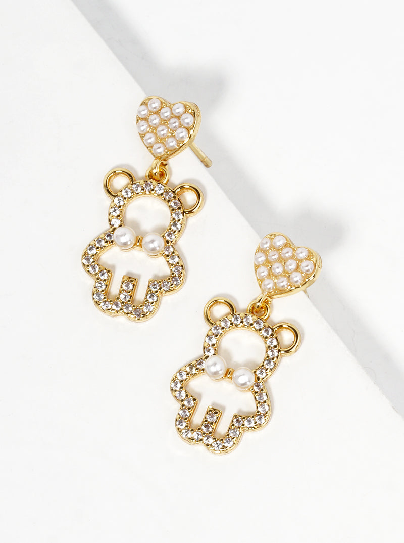 18K Gold Dipped Pearl Beaded Heart CZ Pave Bear Drop Dangle Post Earrings