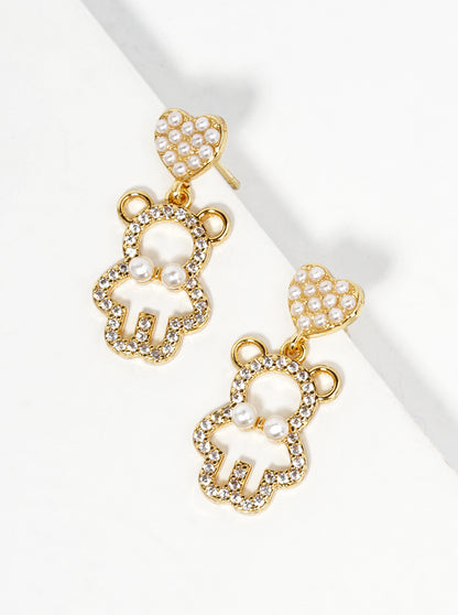 18K Gold Dipped Pearl Beaded Heart CZ Pave Bear Drop Dangle Post Earrings