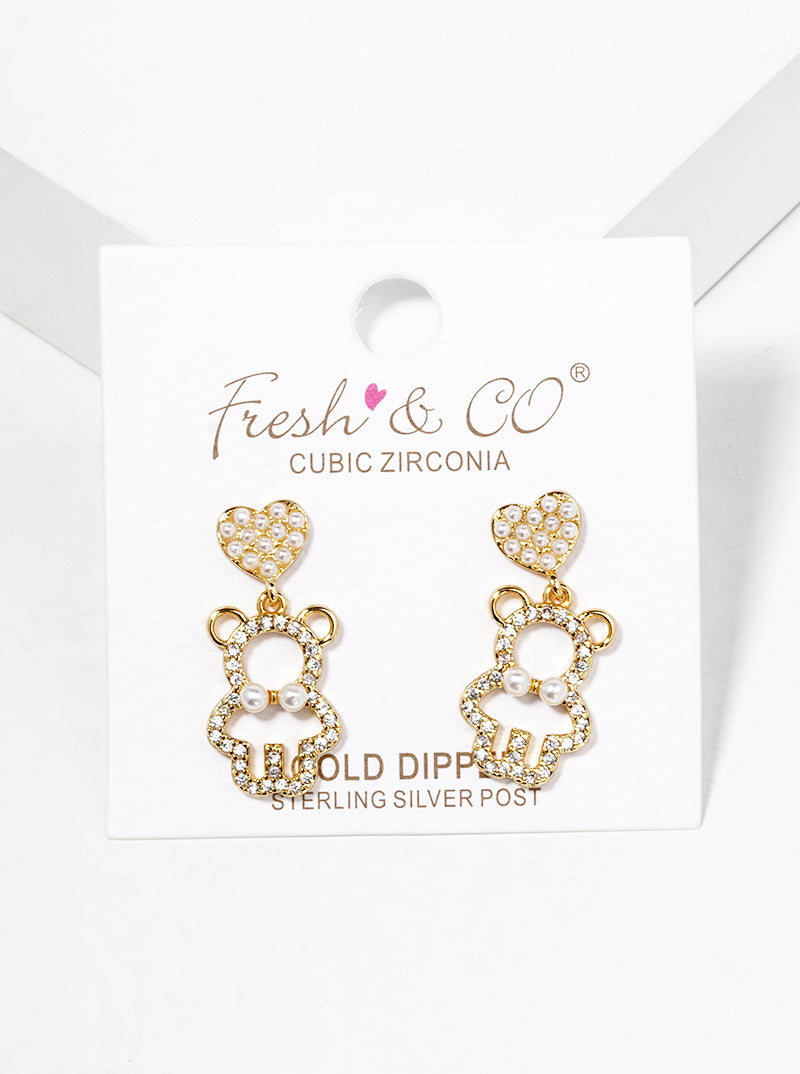 18K Gold Dipped Pearl Beaded Heart CZ Pave Bear Drop Dangle Post Earrings