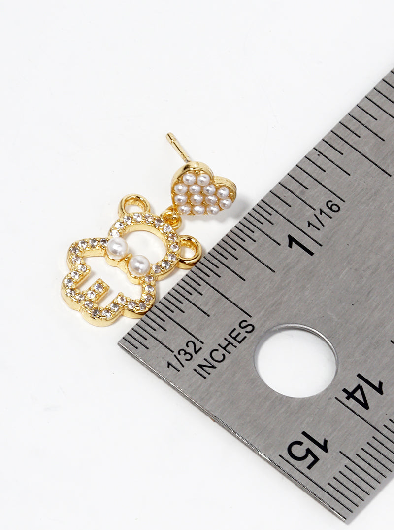18K Gold Dipped Pearl Beaded Heart CZ Pave Bear Drop Dangle Post Earrings