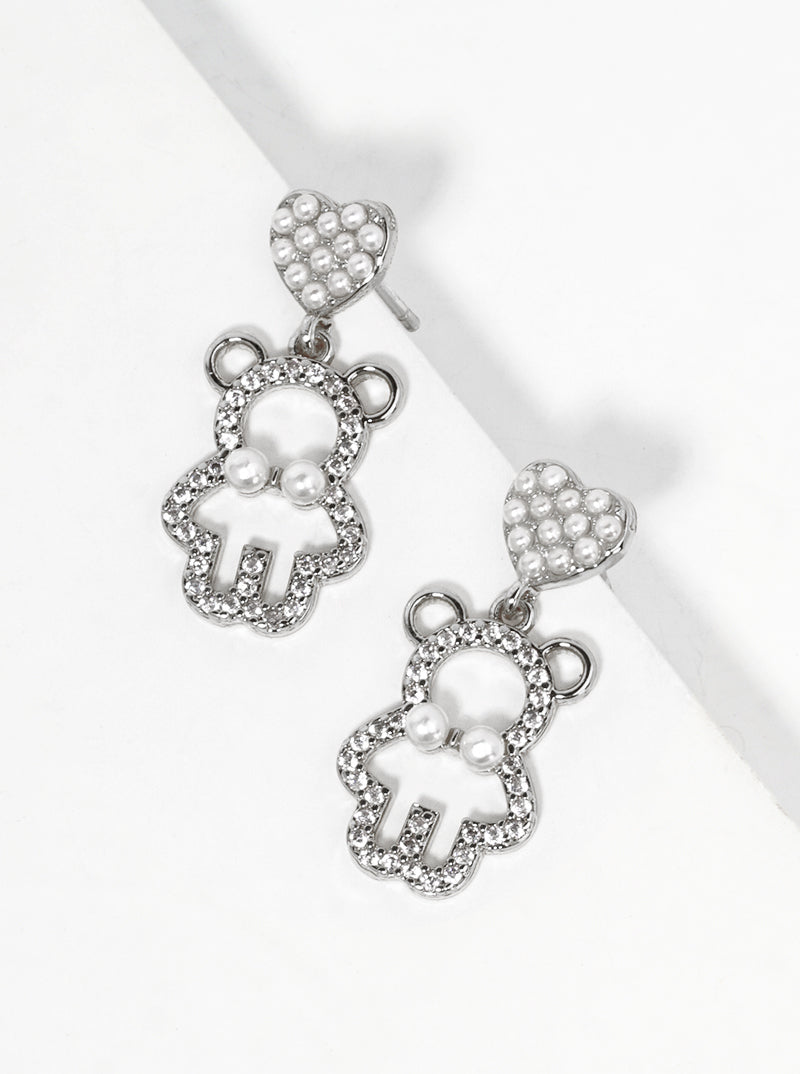 18K Gold Dipped Pearl Beaded Heart CZ Pave Bear Drop Dangle Post Earrings