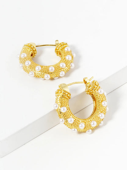 18K Gold Dipped Pearl Beaded Latch Back Hoop Earrings