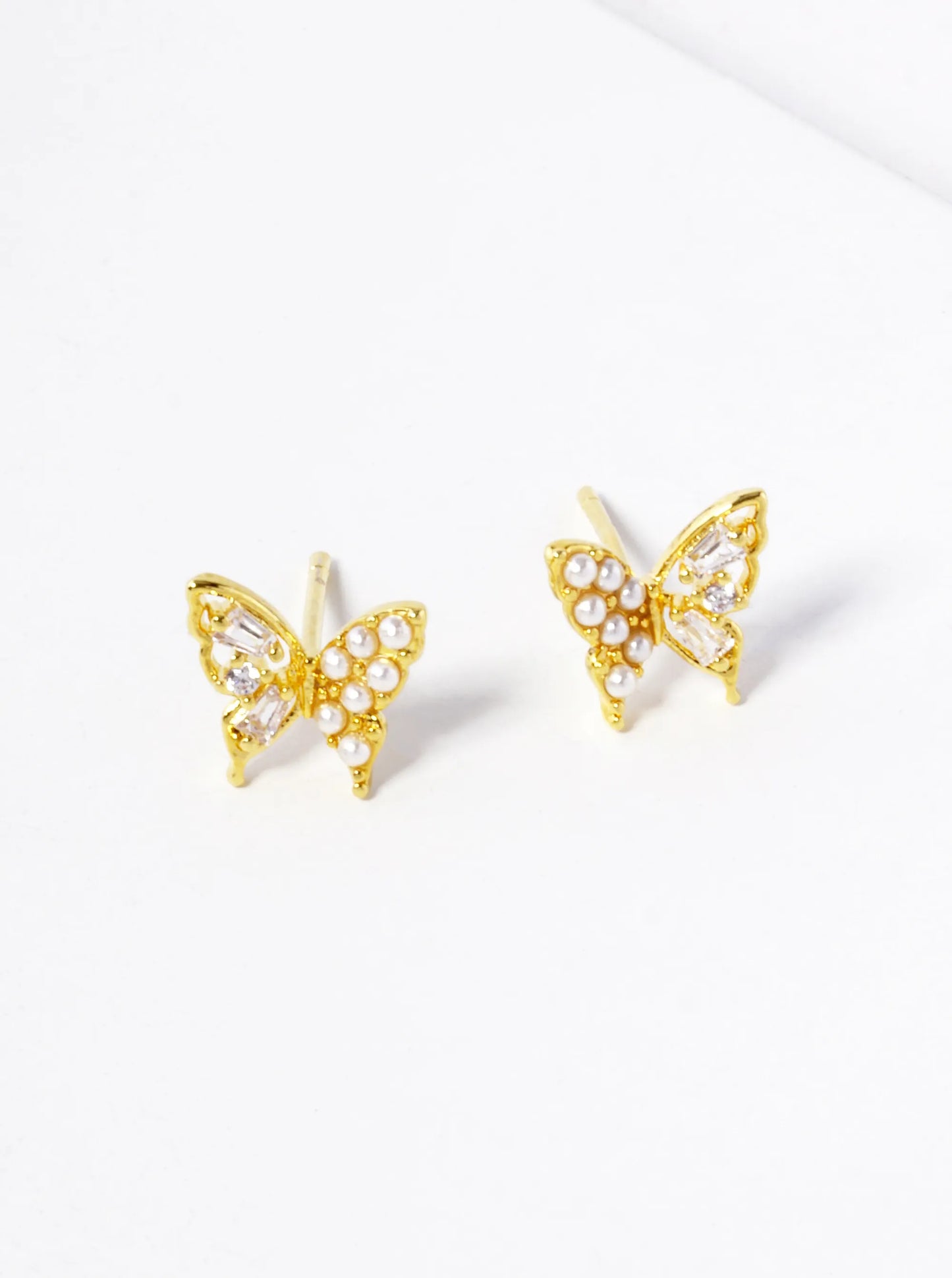 White Gold Dipped Pearl CZ Pave Butterfly Stud Earrings