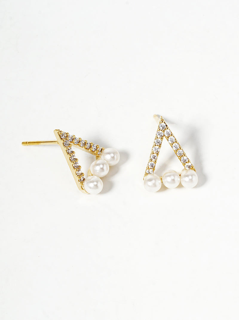 18K Gold Dipped Pearl CZ Pave Dainty Triangle Stud Earrings