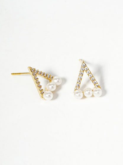 18K Gold Dipped Pearl CZ Pave Dainty Triangle Stud Earrings