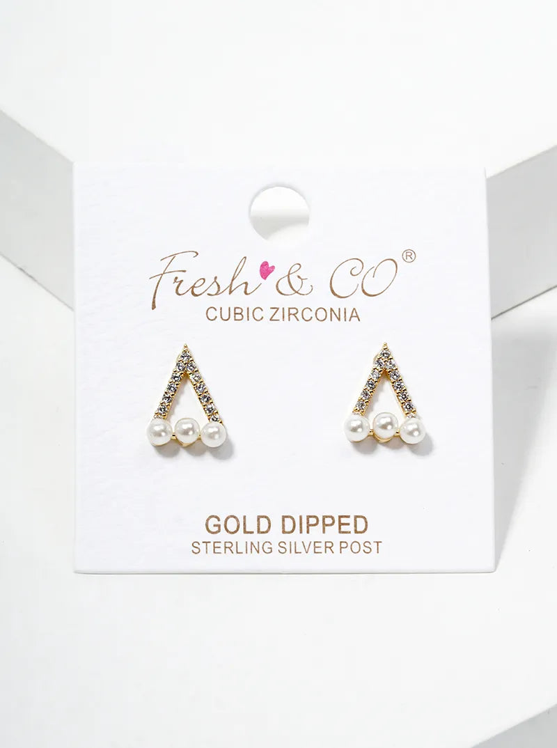 18K Gold Dipped Pearl CZ Pave Dainty Triangle Stud Earrings