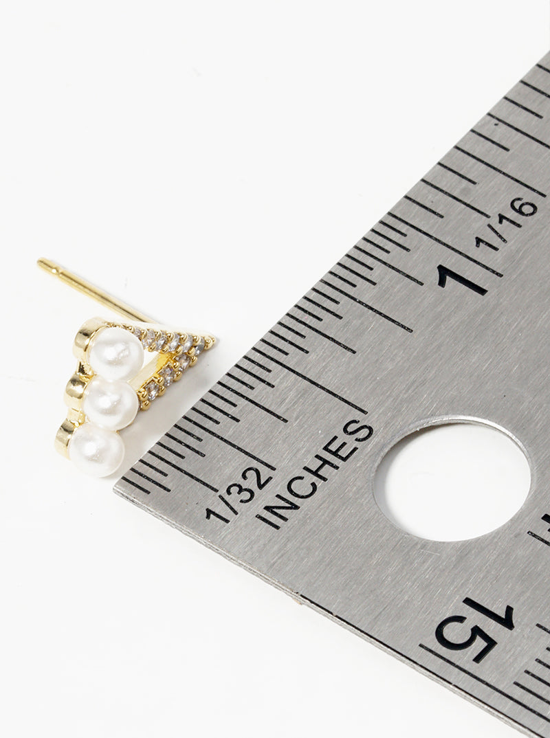 18K Gold Dipped Pearl CZ Pave Dainty Triangle Stud Earrings
