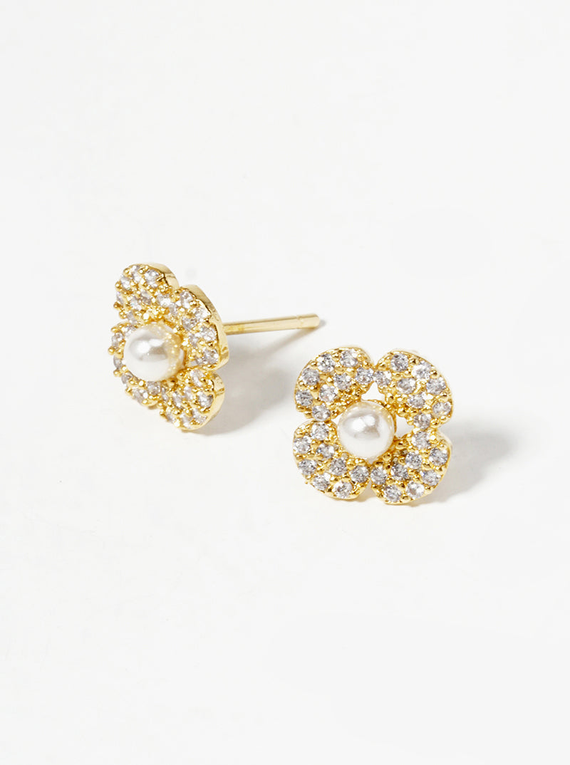18K Gold Dipped Pearl CZ Pave Flower Post Stud Earrings