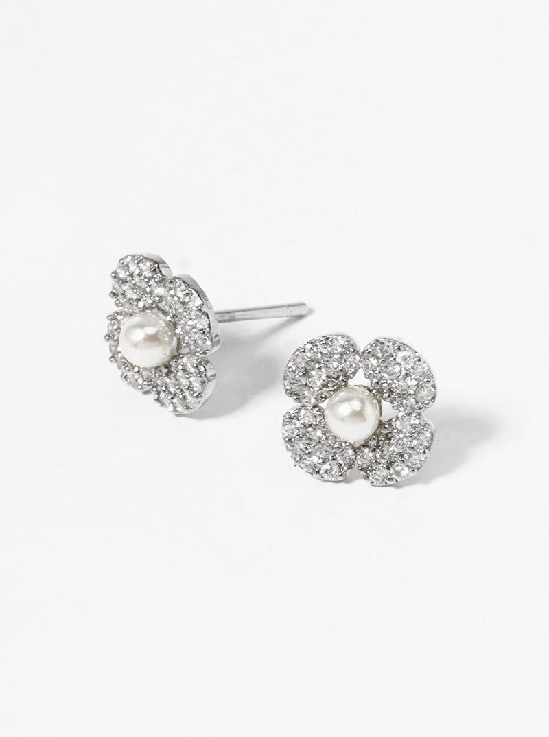 18K Gold Dipped Pearl CZ Pave Flower Post Stud Earrings