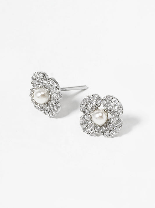 18K Gold Dipped Pearl CZ Pave Flower Post Stud Earrings
