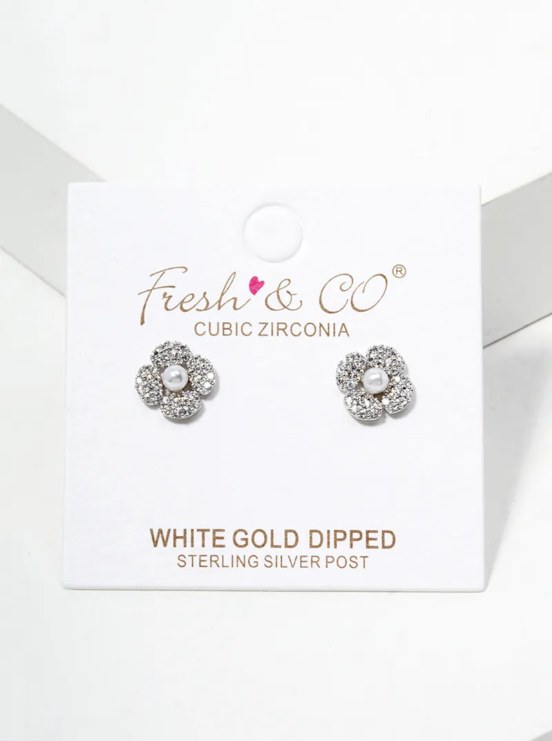 18K Gold Dipped Pearl CZ Pave Flower Post Stud Earrings