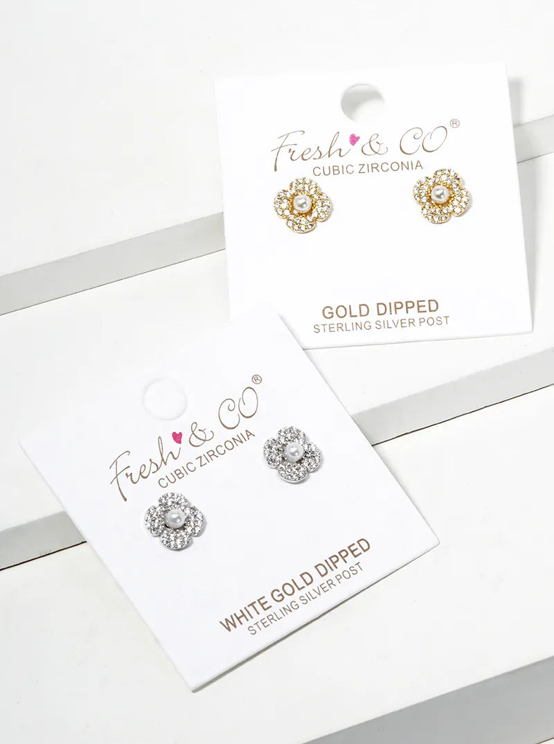 18K Gold Dipped Pearl CZ Pave Flower Post Stud Earrings