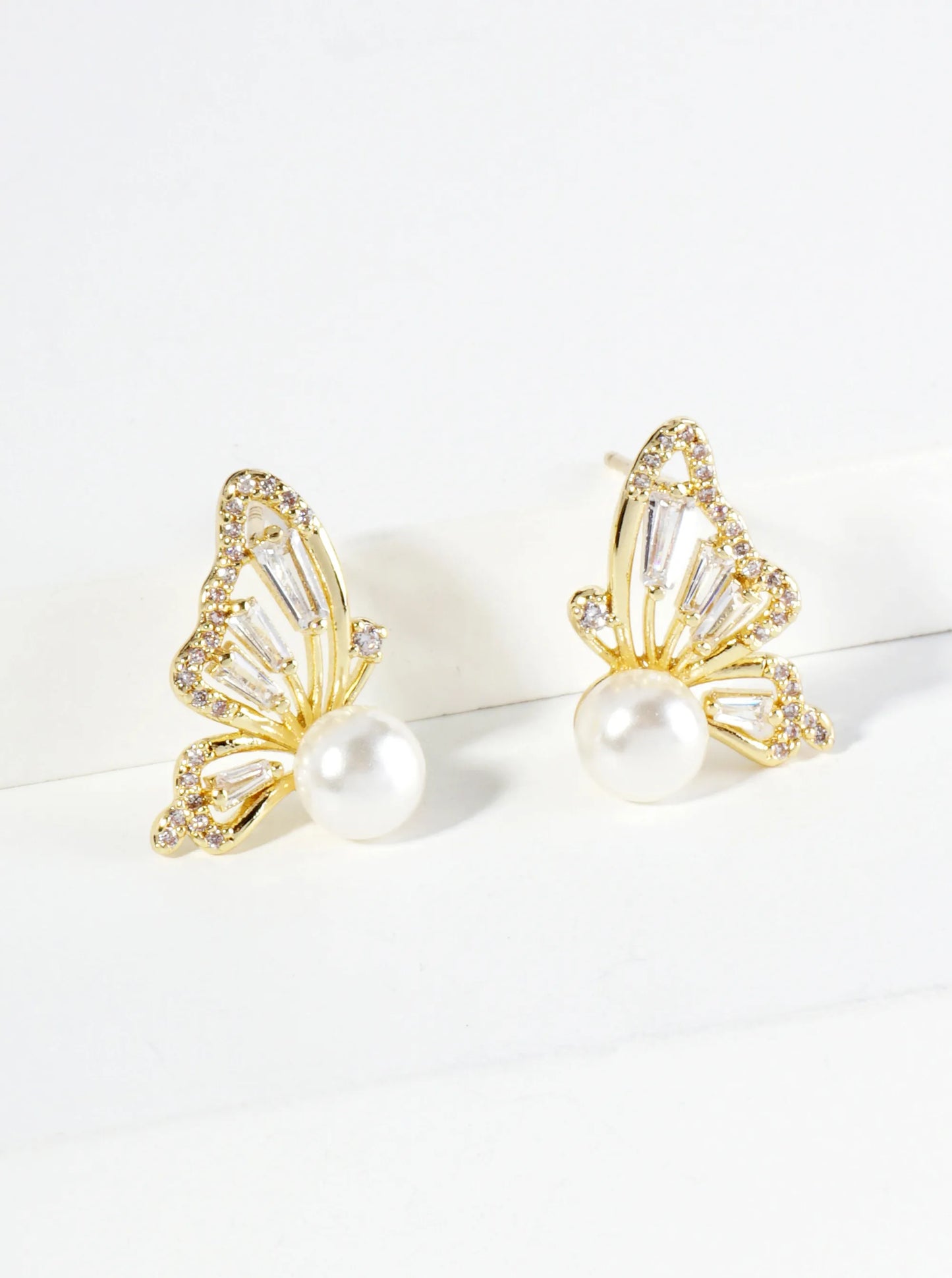 18K Gold Dipped Pearl Cubic Zirconia Butterfly Wings Stud Earrings