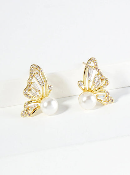18K Gold Dipped Pearl Cubic Zirconia Butterfly Wings Stud Earrings