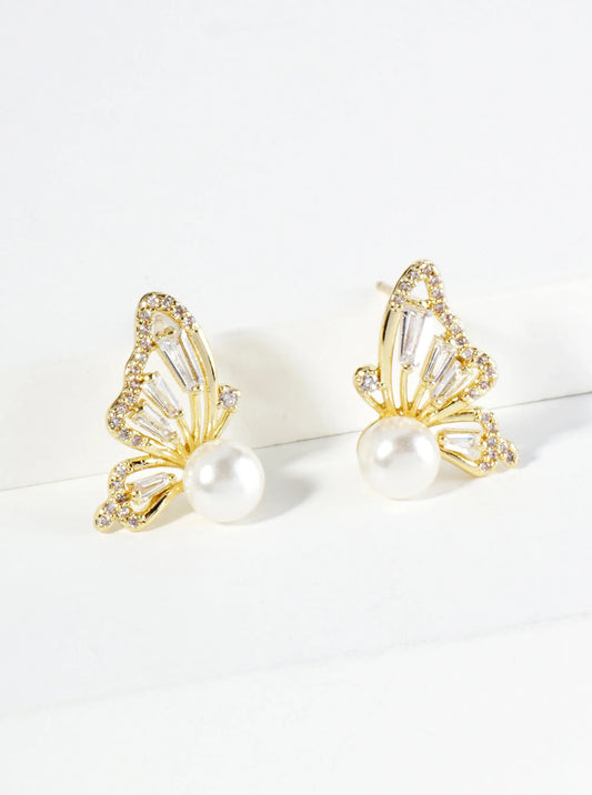 18K Gold Dipped Pearl Cubic Zirconia Butterfly Wings Stud Earrings