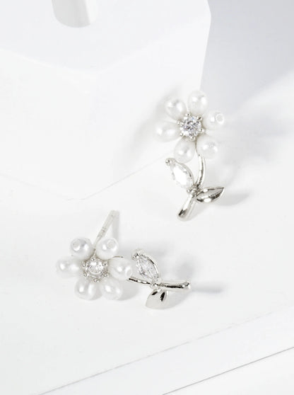 18K Gold Dipped Pearl Cubic Zirconia Flower Stud Earrings